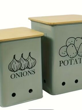 Onions & Potatoes Storage Canisters - Light Sage Green with Wood Lids